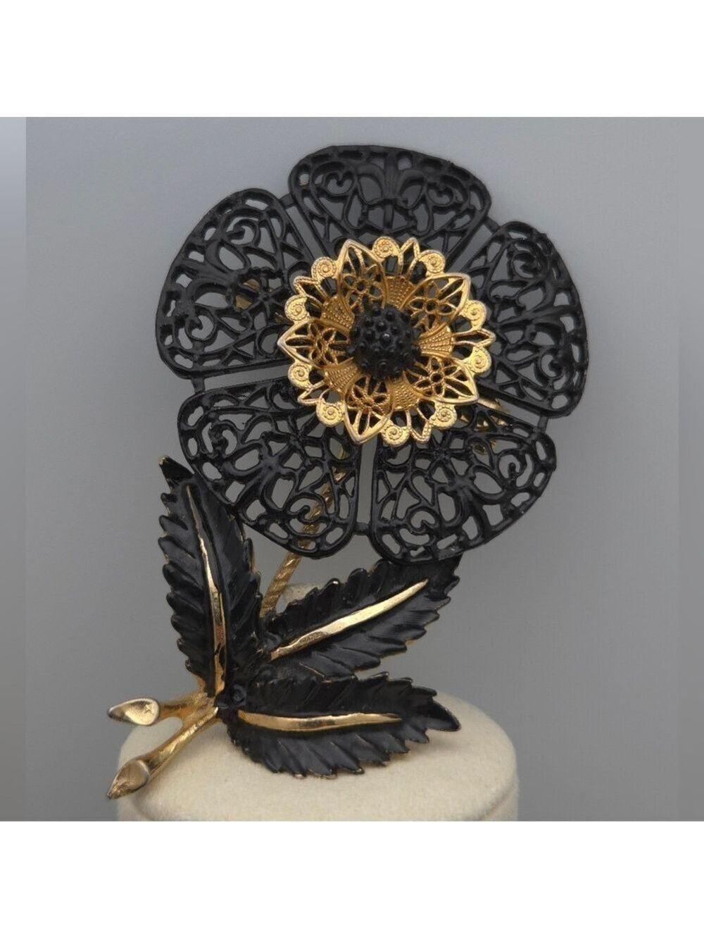 Flower Brooch Handmade Vintage Black Enamel Gold-Tone Lace Articulated Pin